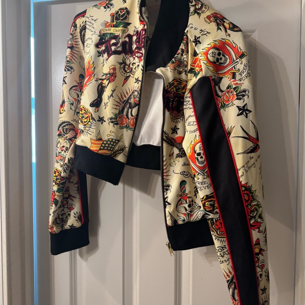 Ed Hardy Women's Tattoo Graphic Bomber Jacket - Cream and Black